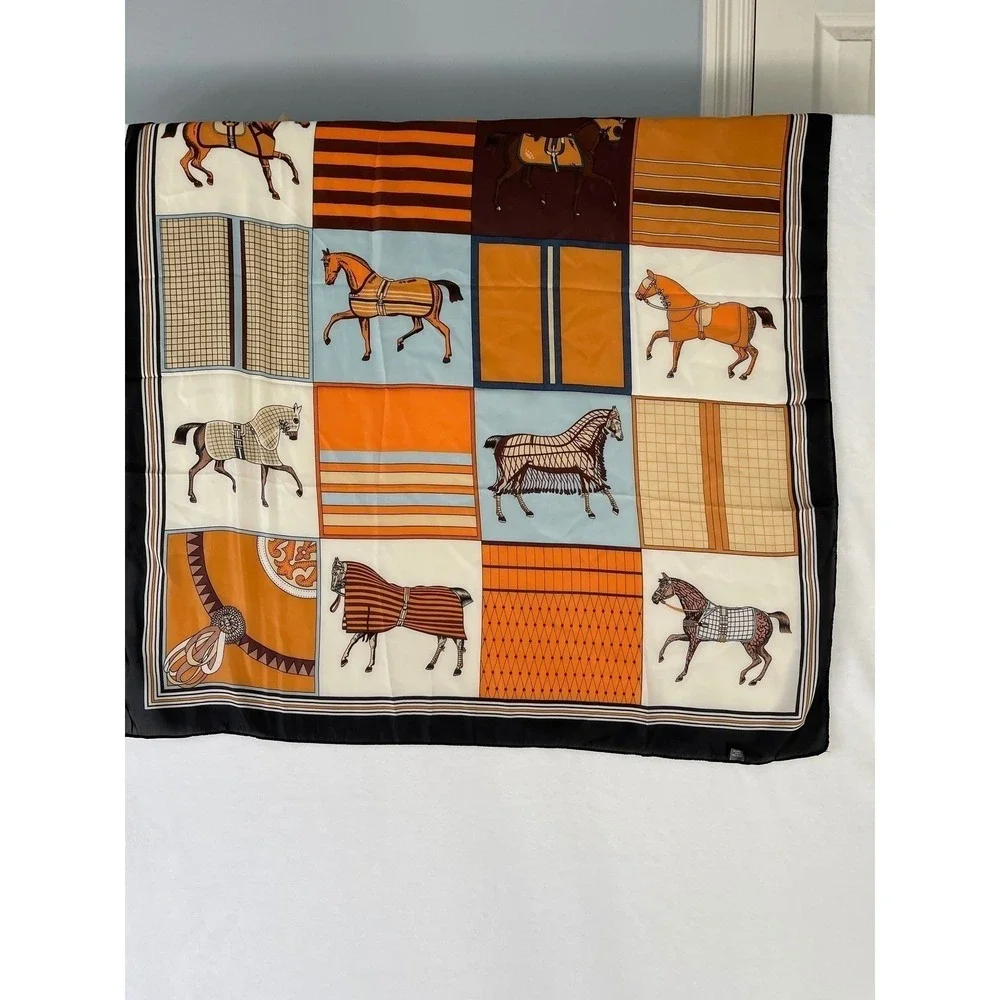 Women Equestrian Horse Patchwork Square Scarf Orange Brown Blue Satin Scarf NWT